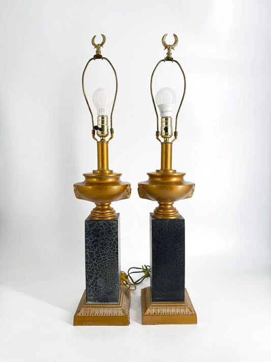 Black & Gold Column Pair Of Lamps w/ Rams Head Design No Shades