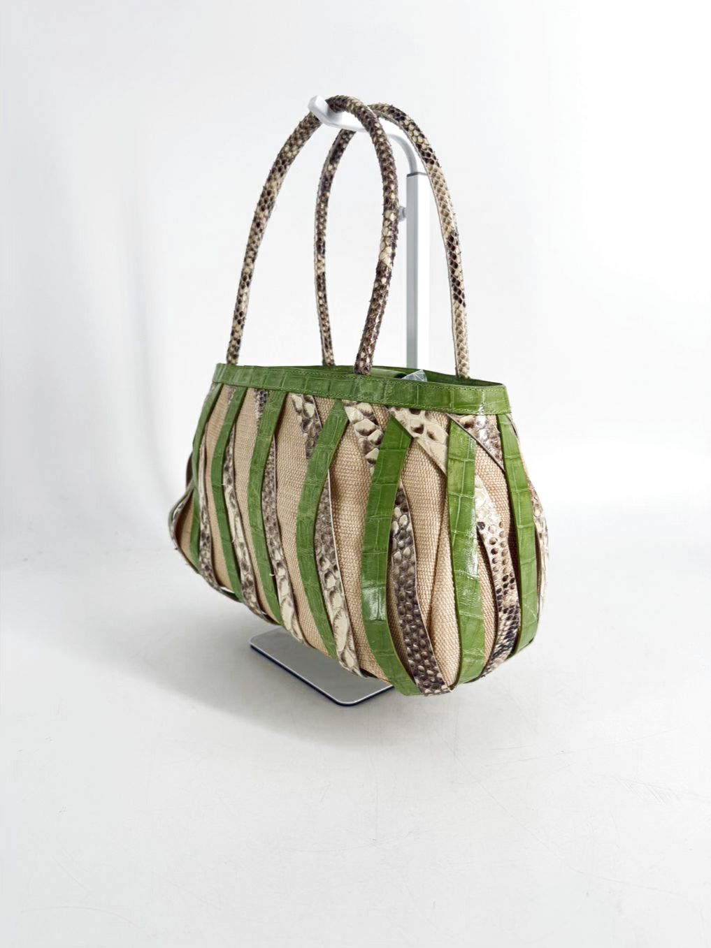 NANCY GONZALEZ Green Exotic Python , Crocodile & Canvas Tote Shoulder Bag