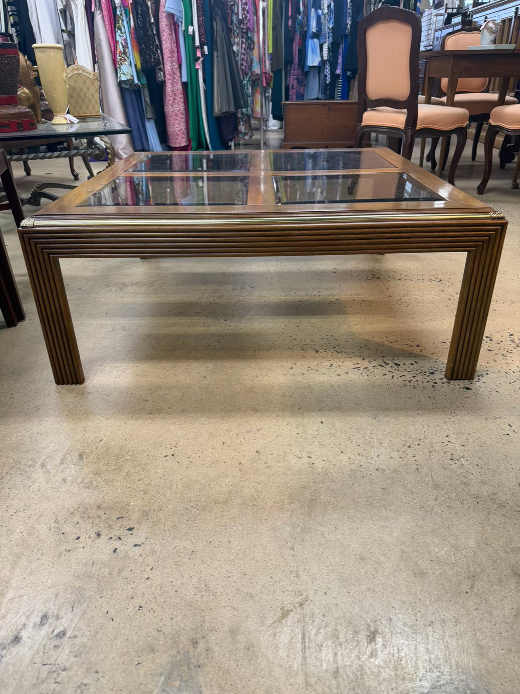 HOLLYWOOD REGENCY Medium Brown Wood & Glass Coffee Table w/ Brass Accents