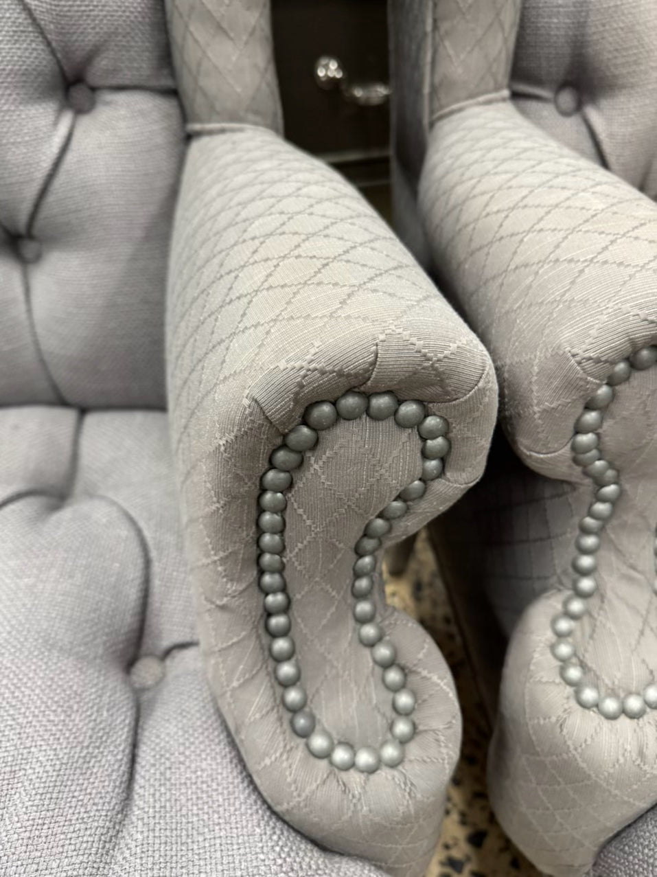 Gray Tufted Wingback Pair of Chairs