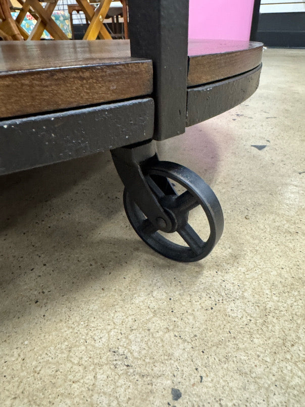 Wood & Metal Round Industrial Coffee Table on Wheels
