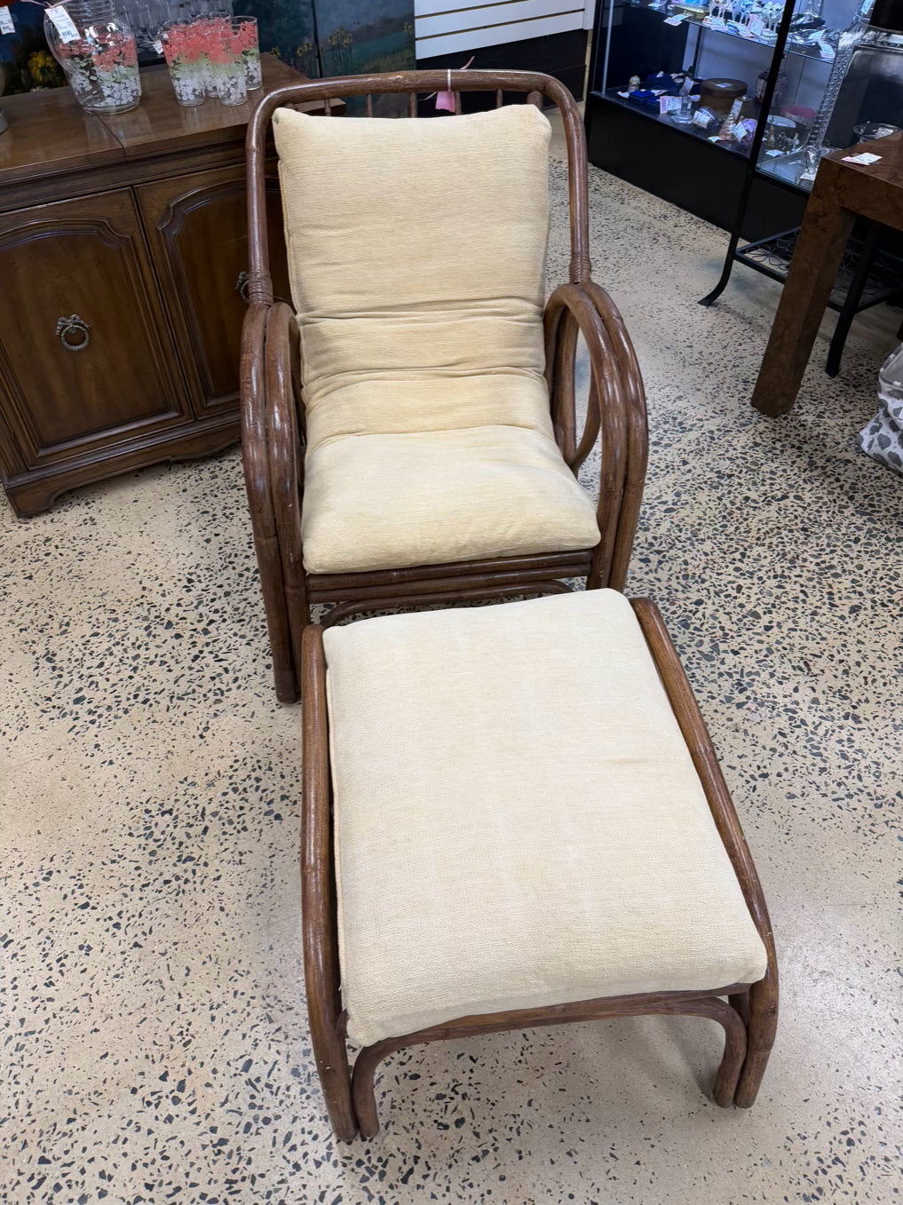VINTAGE Medium Wood Bamboo Chair w/ Ottoman