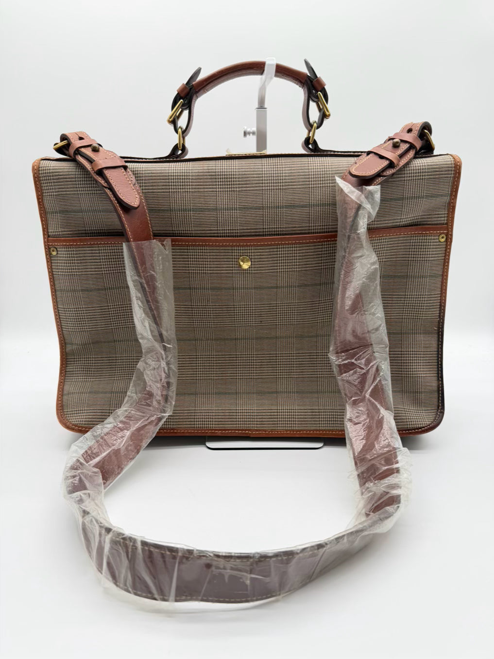 WATHNE Beige Coated Canvas Plaid Briefcase