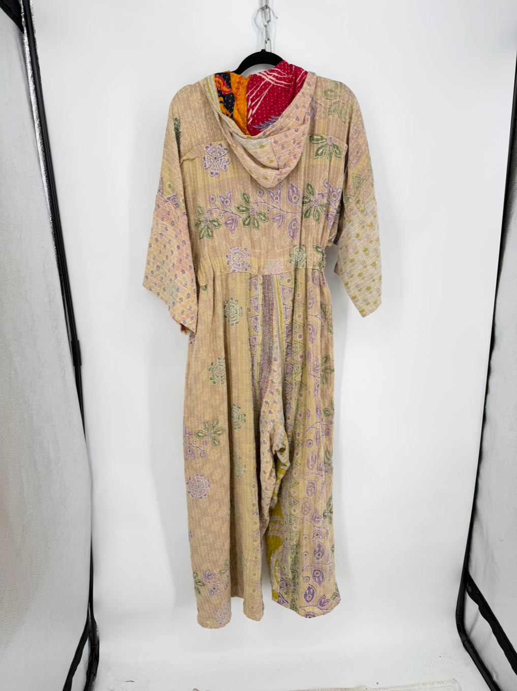 KANTHA BAE Size Wmn's Free Size Beige Hooded Print Belted Jumpsuit
