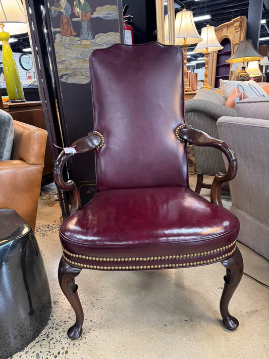 HICKORY CHAIR Wine Leather Queen Ann Nailhead Chair