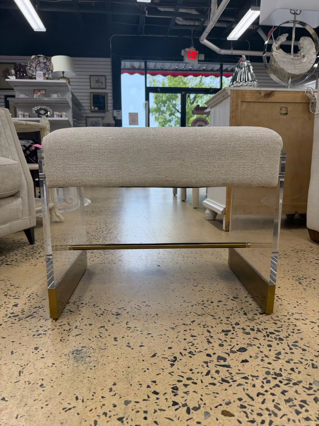 Lucite & Brass Stool w/ Cream Fabric