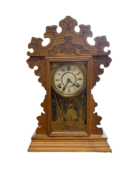 ANTIQUE Medium Oak Clock w/ Gold Bird Design
