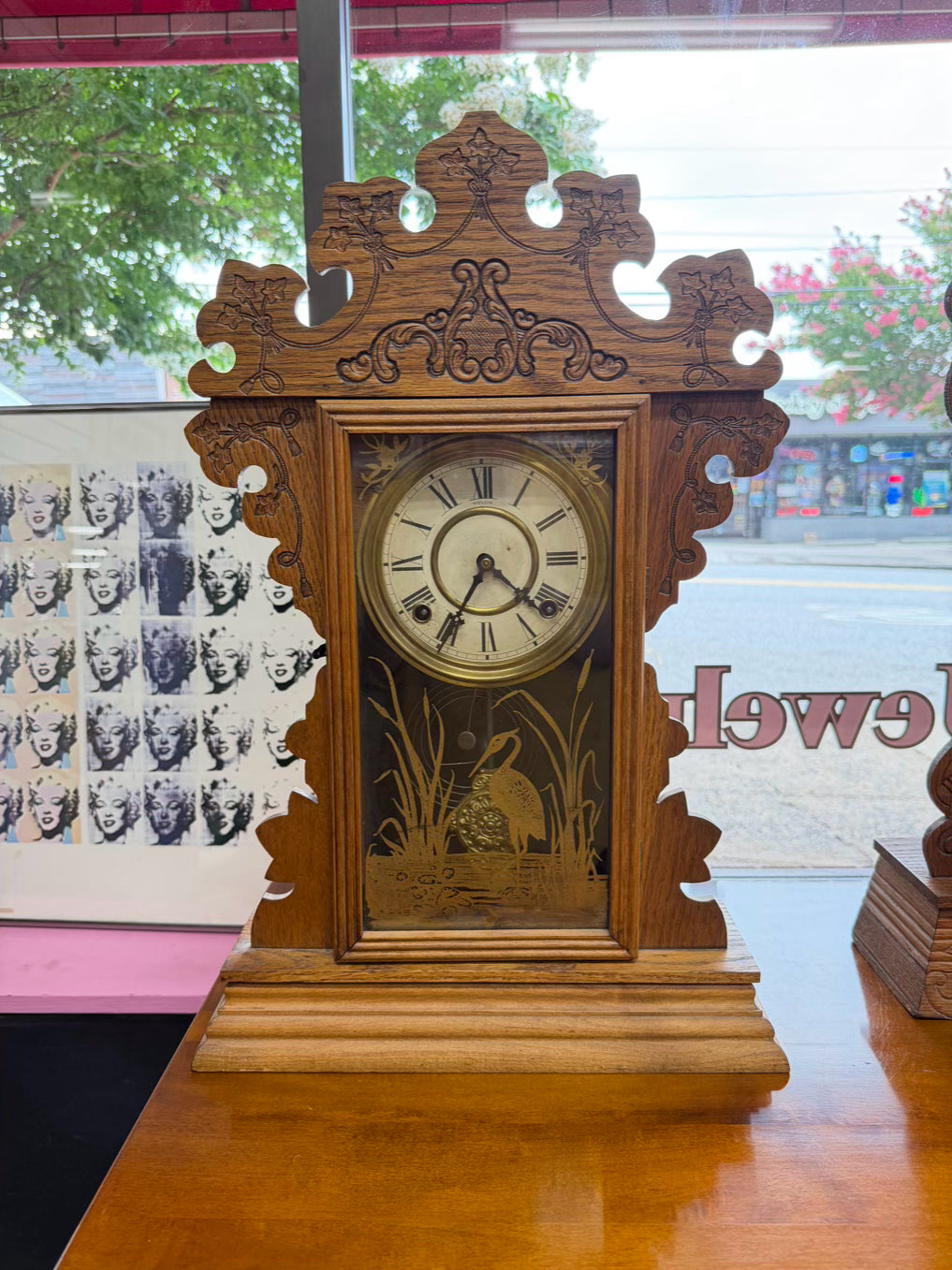 ANTIQUE Medium Oak Clock w/ Gold Bird Design