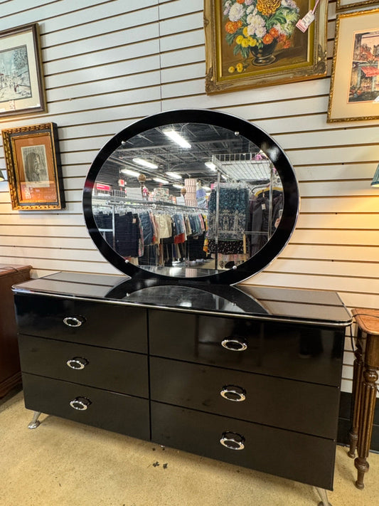 ASHLEY FURNITURE Black Laquer Dresser w/ Oval Mirror