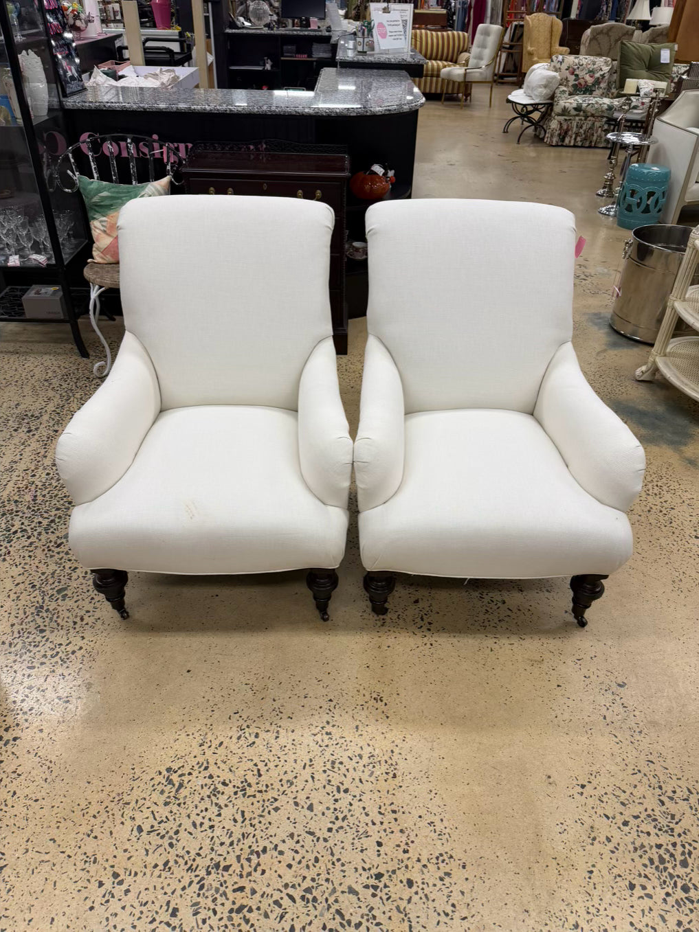 White Linen Look Pair Of Club Chairs