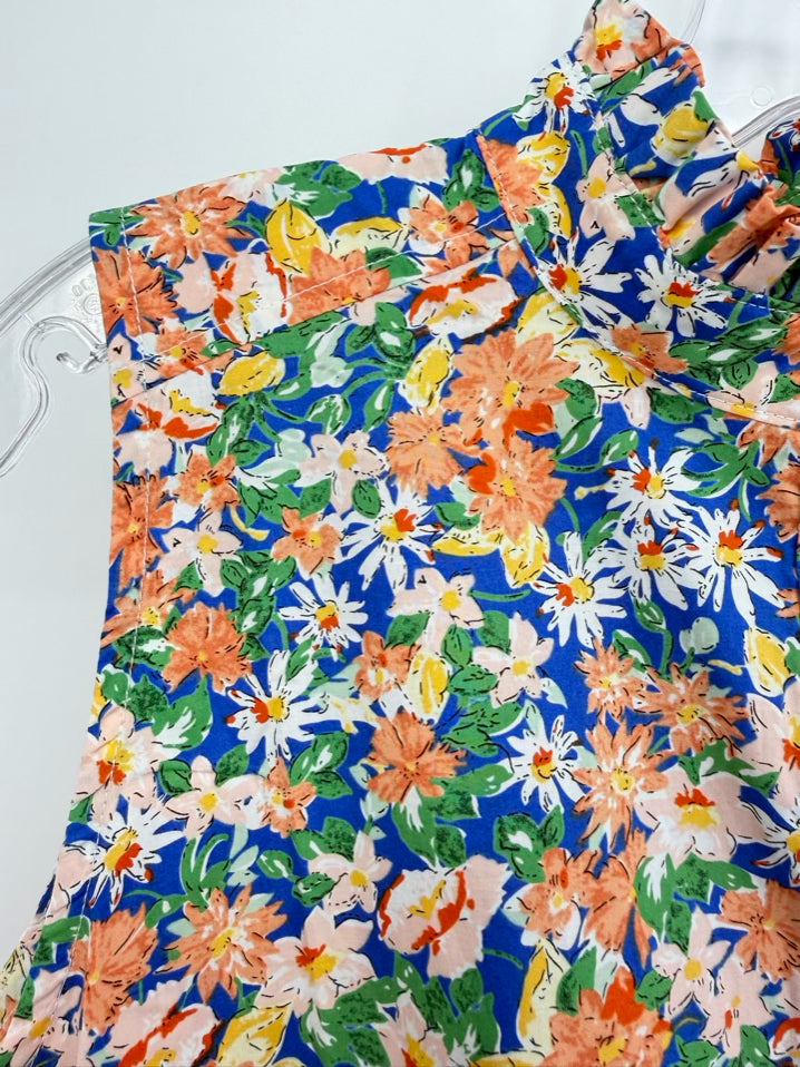 DUFFIELD LANE Size L Blue & Orange Ruffle Detail Floral Sleeveless Dress NWT
