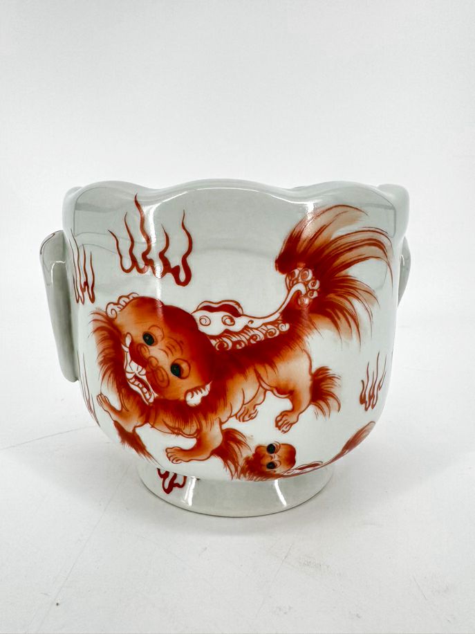 White & Rust Porcelain Foo Dogs Cachepot