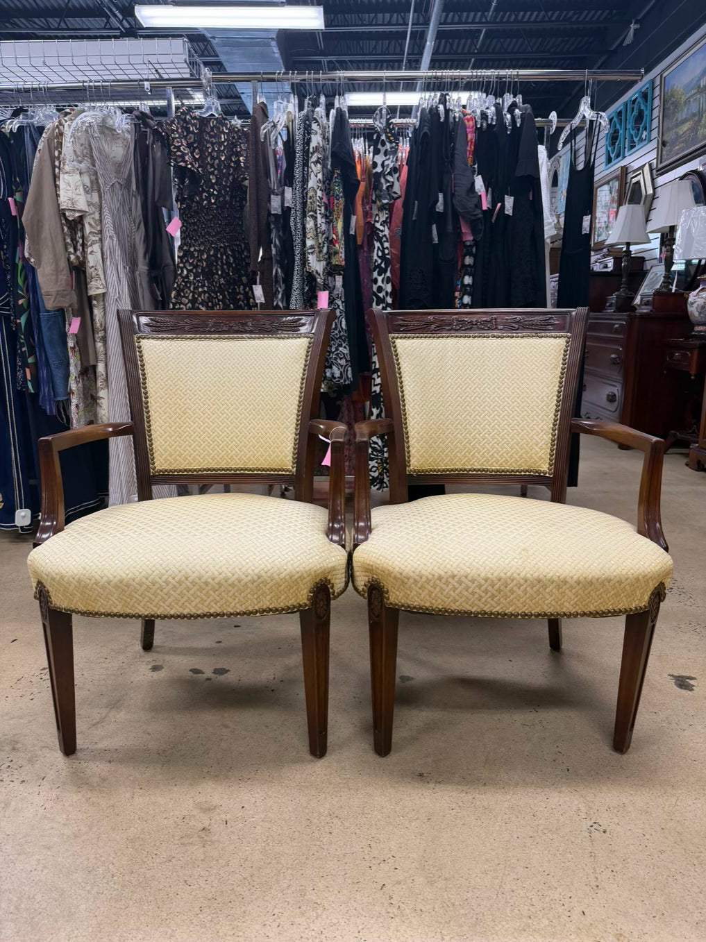 Wood Nail Head Pair Of Yellow Side Chairs
