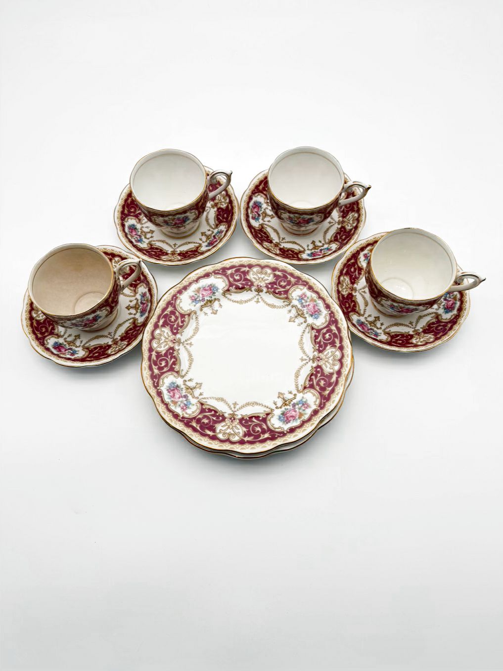 QUEEN ANNE Regency White & Red Dessert Plate Setting for 4 w/ Cups & Saucers