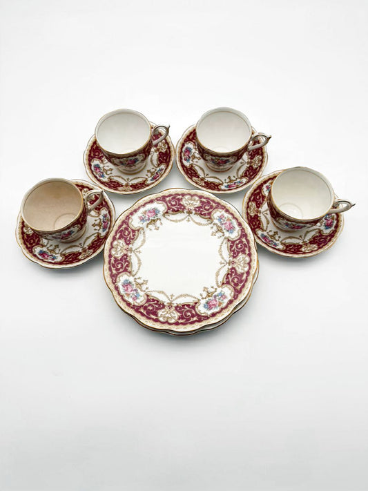 QUEEN ANNE Regency White & Red Dessert Plate Setting for 4 w/ Cups & Saucers