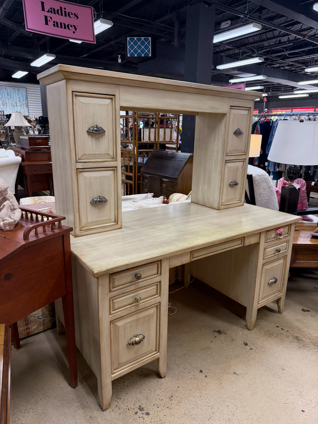 Cream Wood Desk w/ Upper Hutch