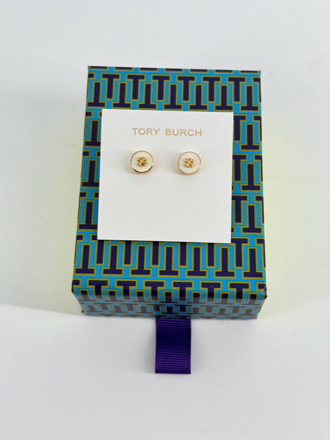 TORY BURCH Gold Tone & Cream Enamel Circle Stud Earrings
