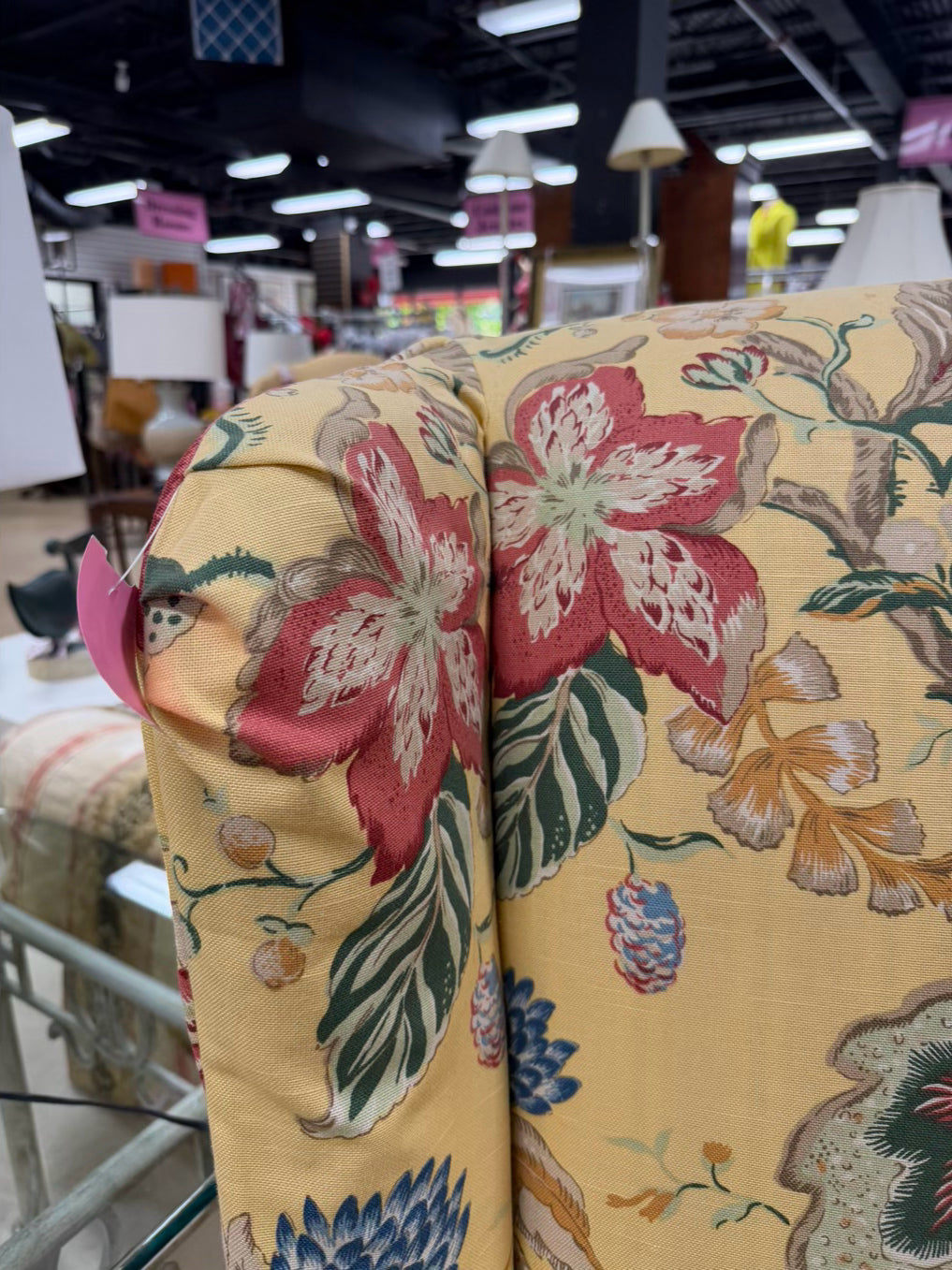 VINTAGE Yellow, Blue, Red & Green Floral Slip Covered Wingback Chair