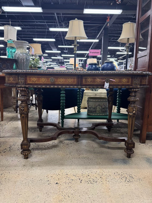 Brown Wood & Leather Carved Legs Desk