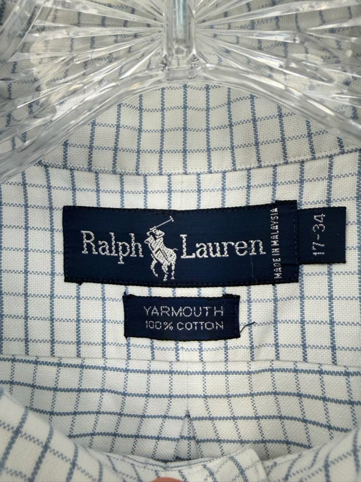 RALPH LAUREN Size 34 White & Blue 17 Print Long Sleeve Shirt NWOT