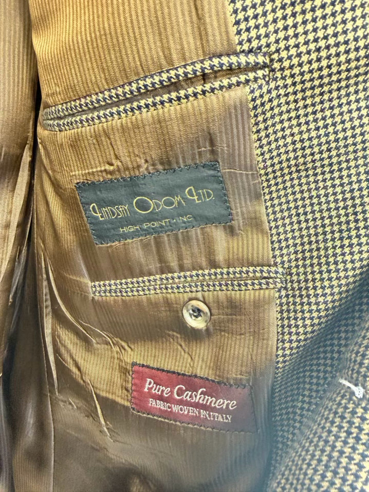 JACK VICTOR Men's Size 44 Tan & Black Cashmere Houndstooth Long Sport Coat