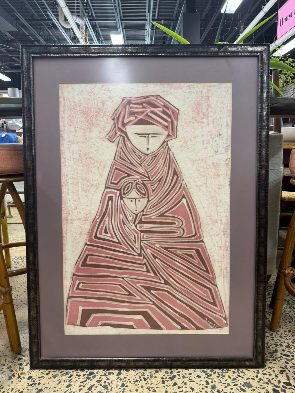 Woman & Child Batik Fabric Art In Dark Silver Frame