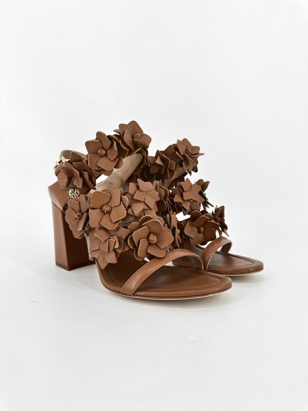 TORY BURCH Size 9 Brown Leather Flowers Heels