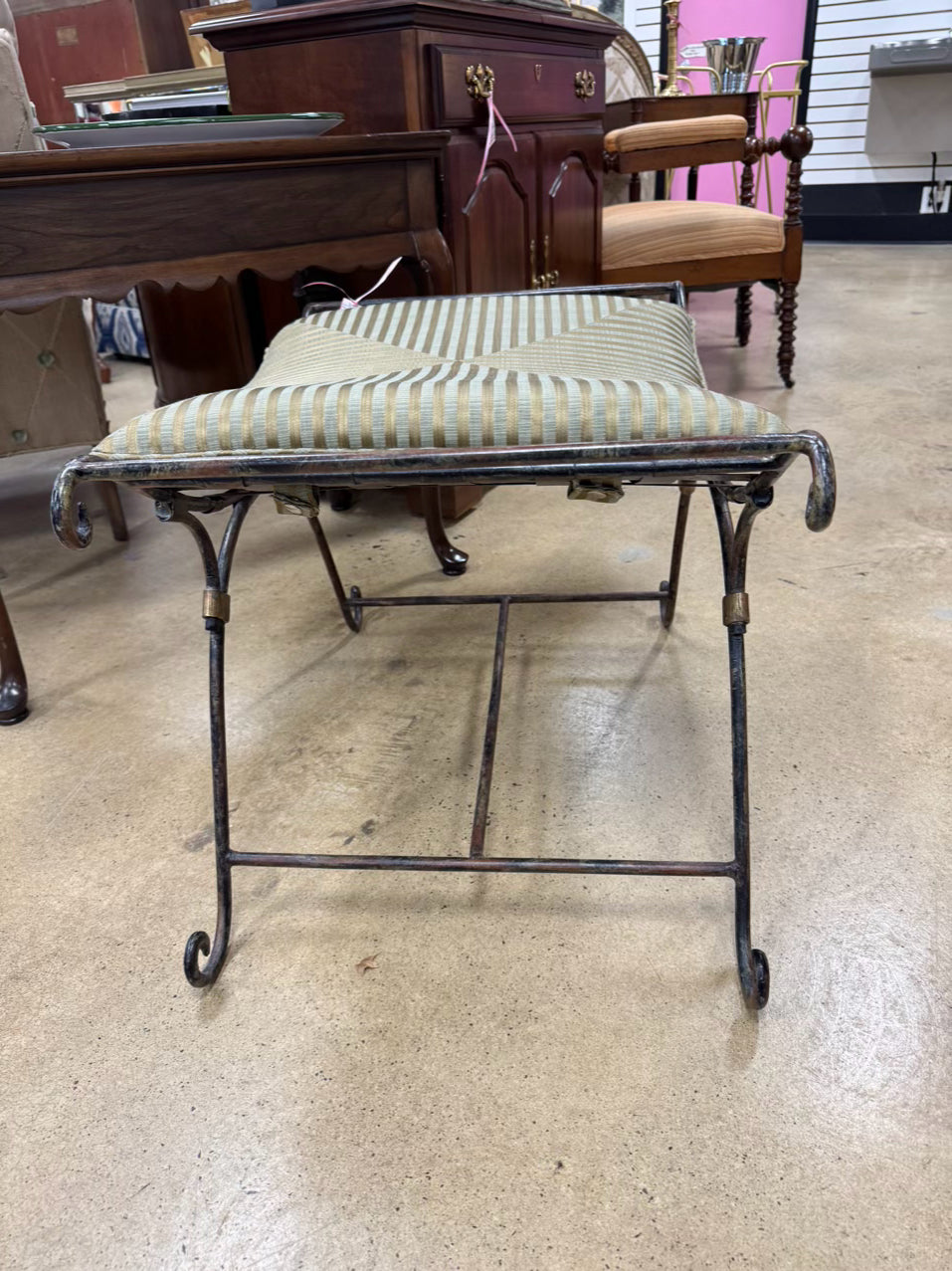 Metal Brushed Gold & Green Stripe Cushion Stool