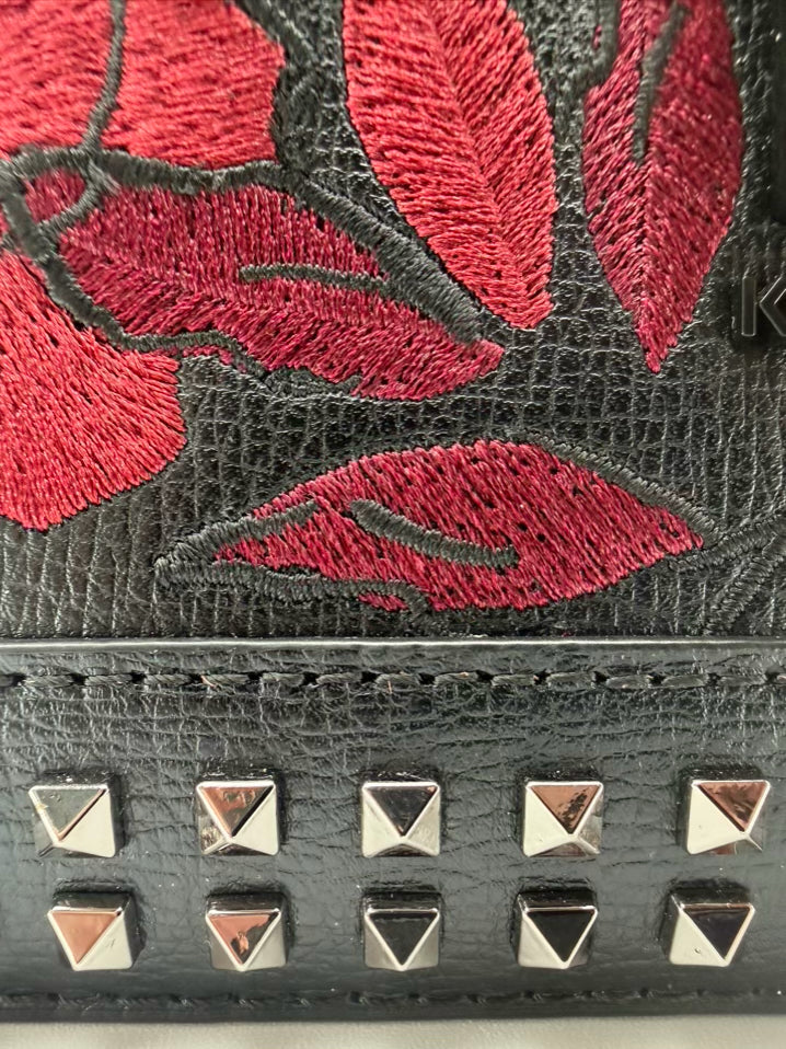 KARL LAGERFELD Simone Black & Red Leather Floral Flap Crossbody Purse