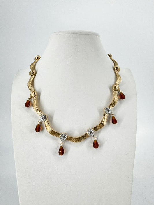NOLAN MILLER Gold Tone Crystal & Glass Bead Scallop Design Necklace