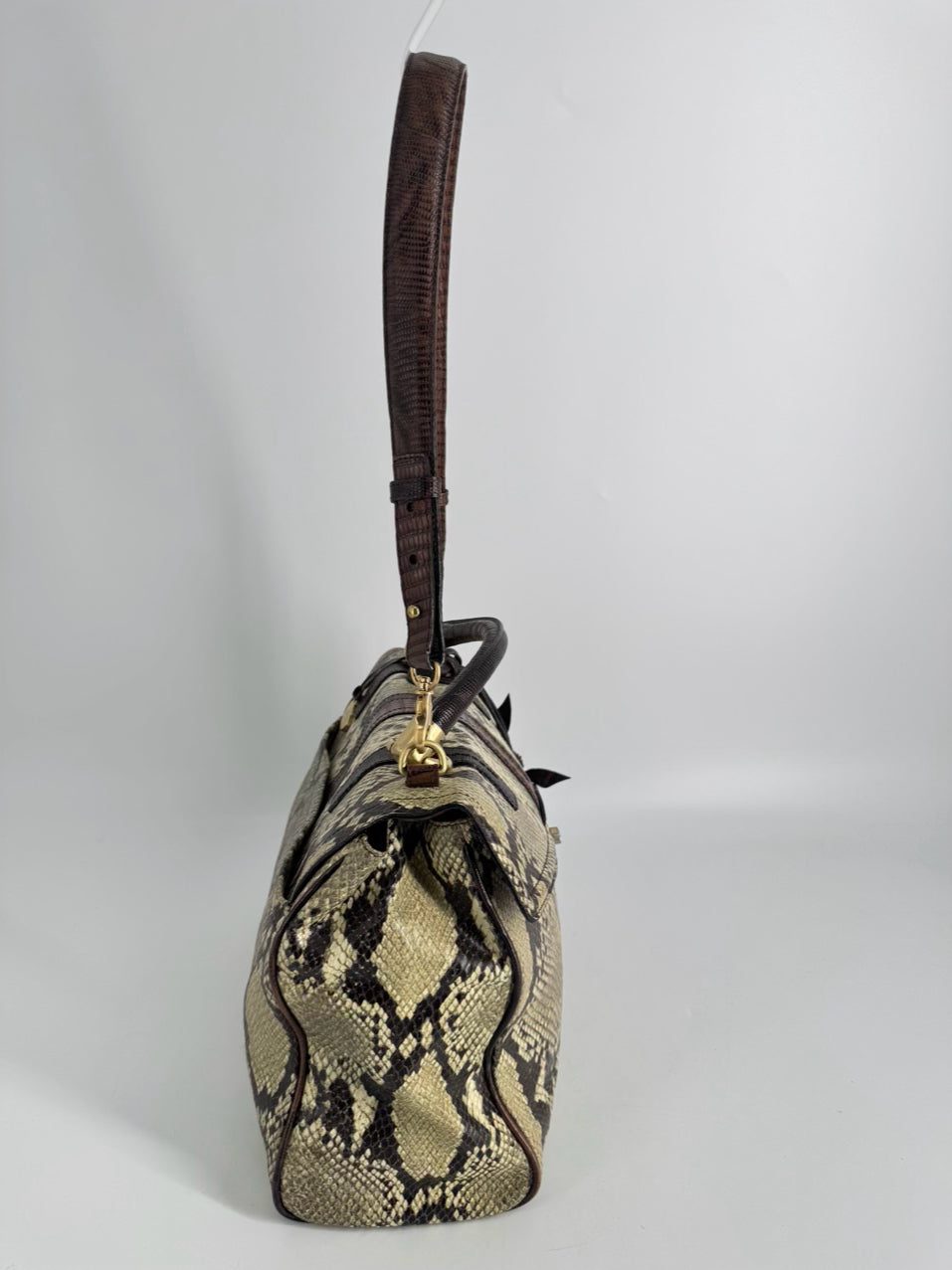 BRAHMIN Cream & Brown Leather Snake Print Purse