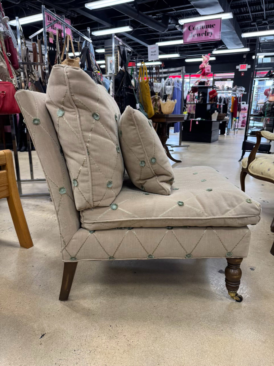 Tan & Green Pair of Armless Accent Chairs
