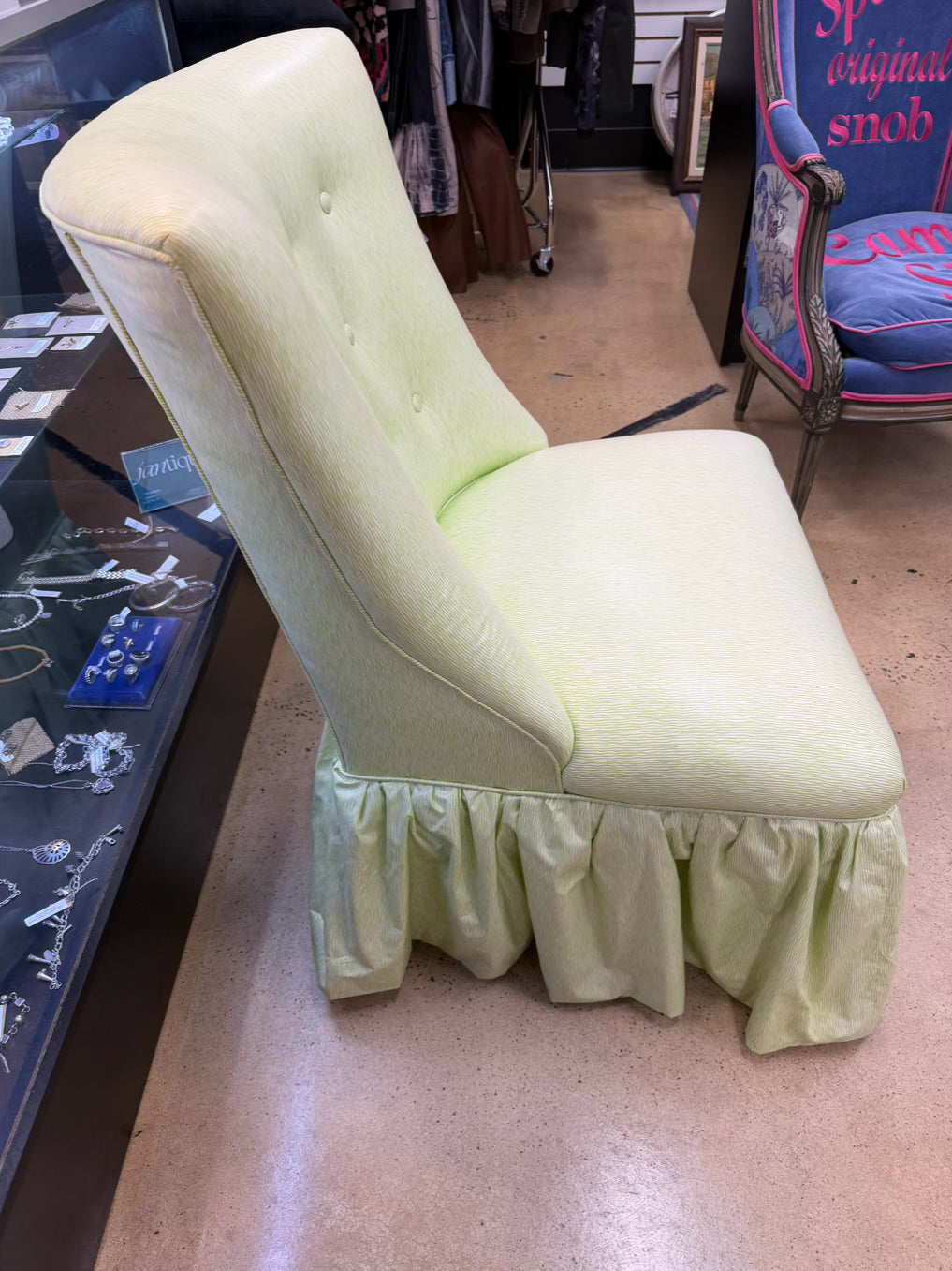 VINTAGE Green & White Stripe Chair w/ Ruffled Skirt
