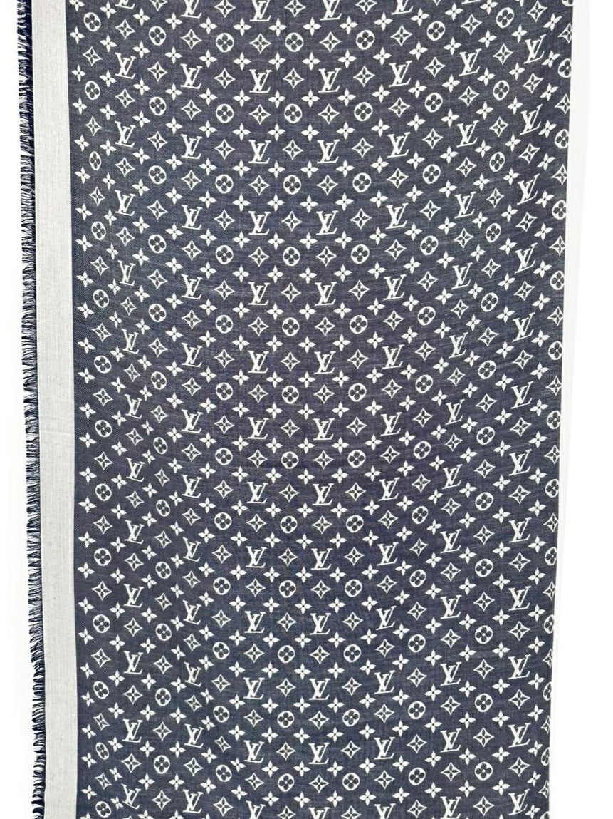 LOUIS VUITTON Blue & Gray Logo Silk & Wool Blend Scarf