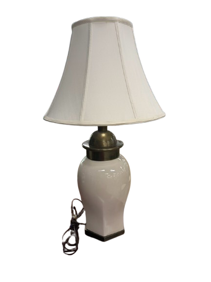 Cream Ceramic Lamp w/ Brushed Gold Trim & Ivory Shade