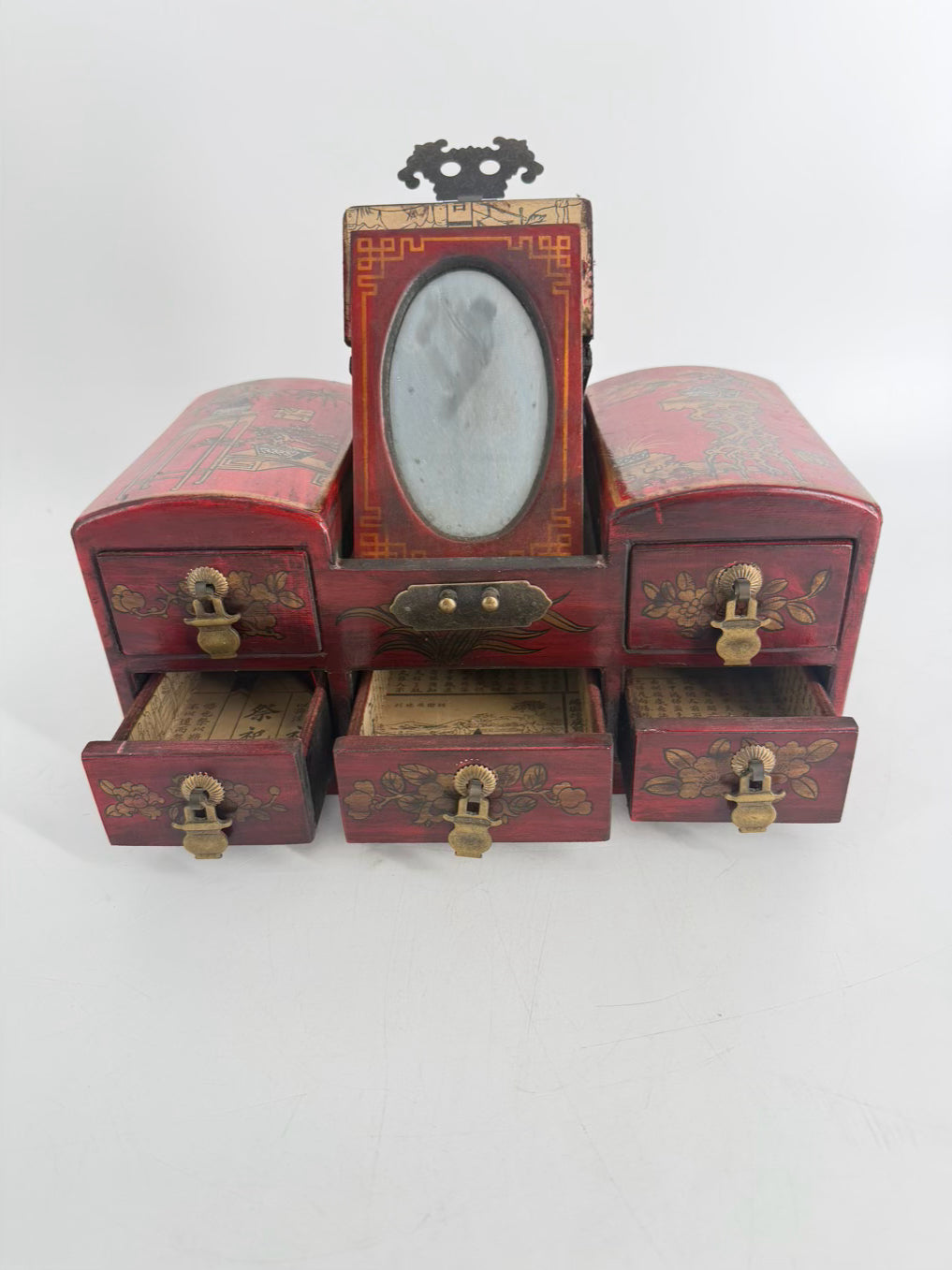 Red, Gold & Black Wood Hand painted Oriental Jewelry Box w/ Mirror