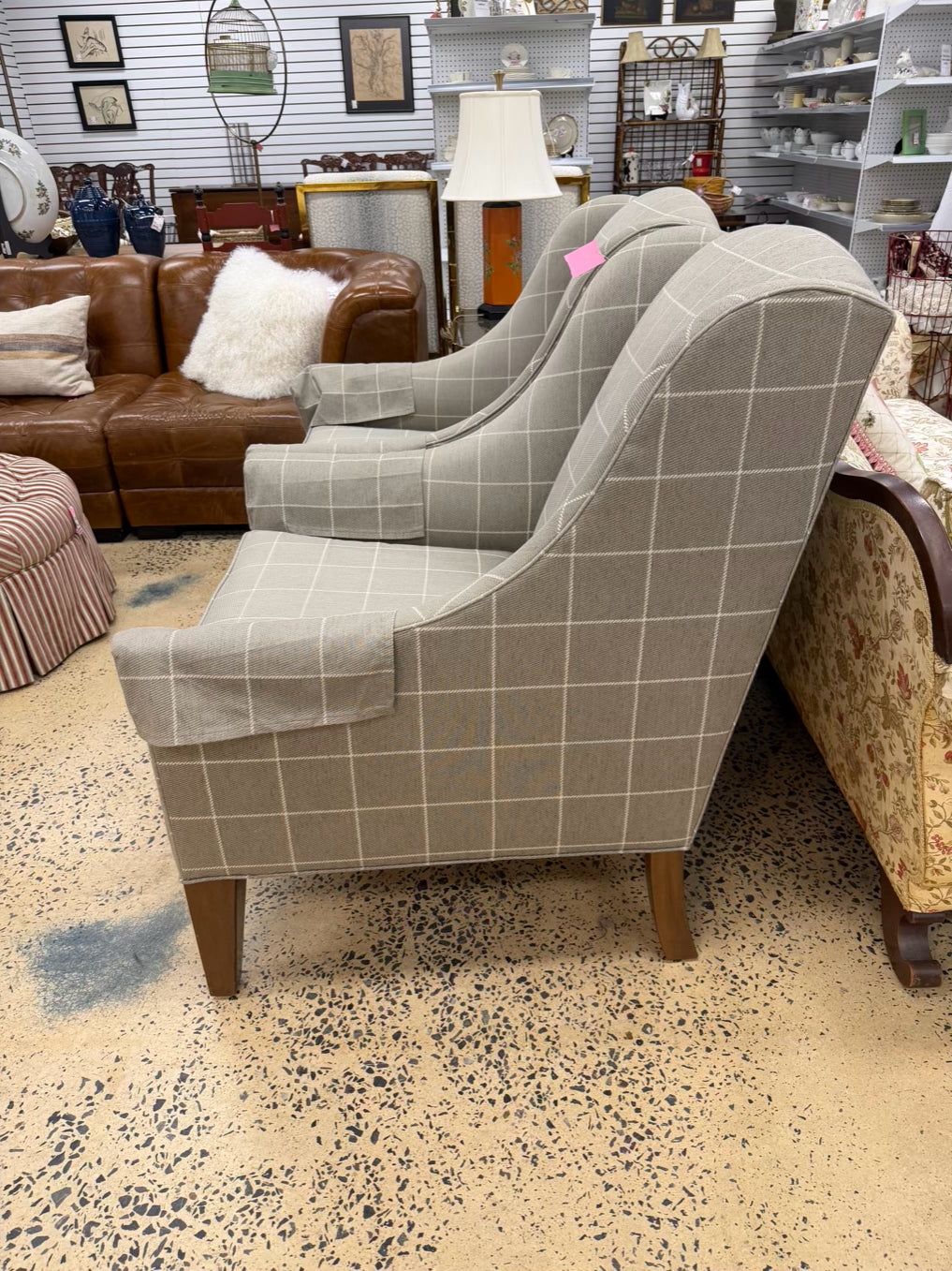 ETHAN ALLEN Tan Check Pair Of Wingback Chairs