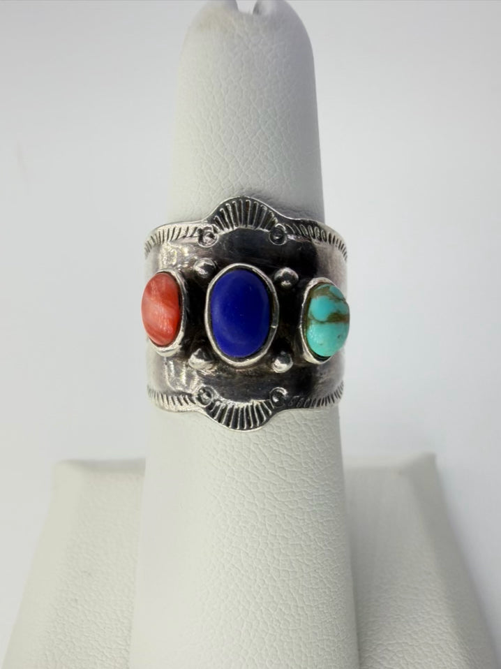 Lapis, Turquoise, Coral 925 Stampwork Ring