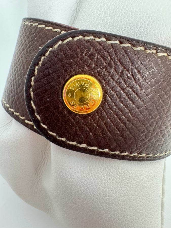 HERMES Brown Leather Gold Tone Stud Cuff Bracelet