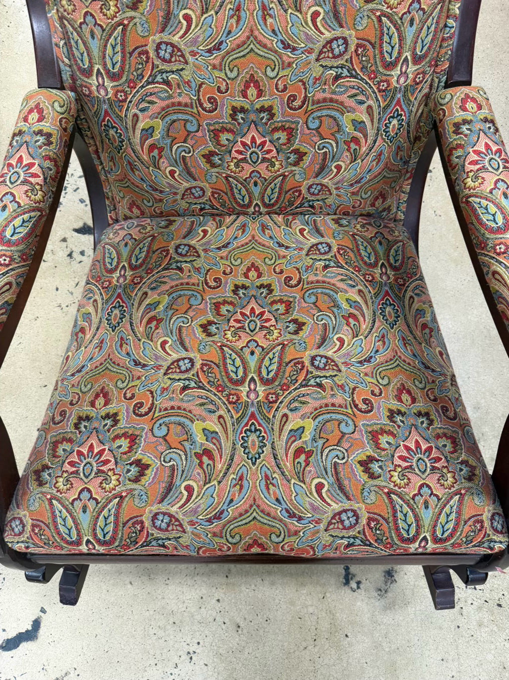 Orange, Blue & Red Paisley Fabric Gooseneck Rocking Chair