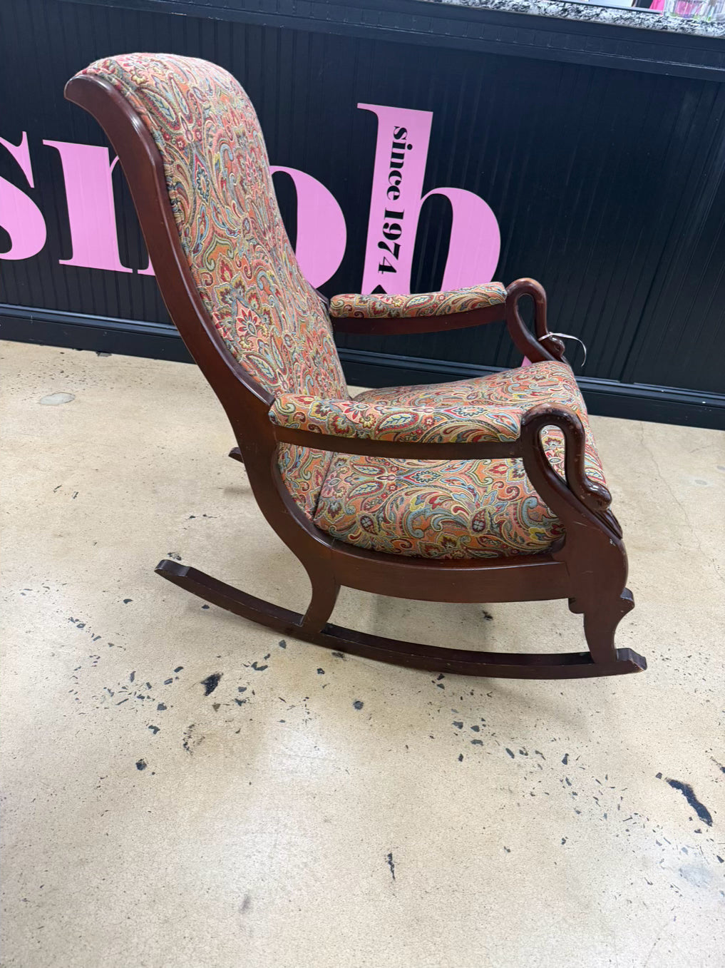 Orange, Blue & Red Paisley Fabric Gooseneck Rocking Chair