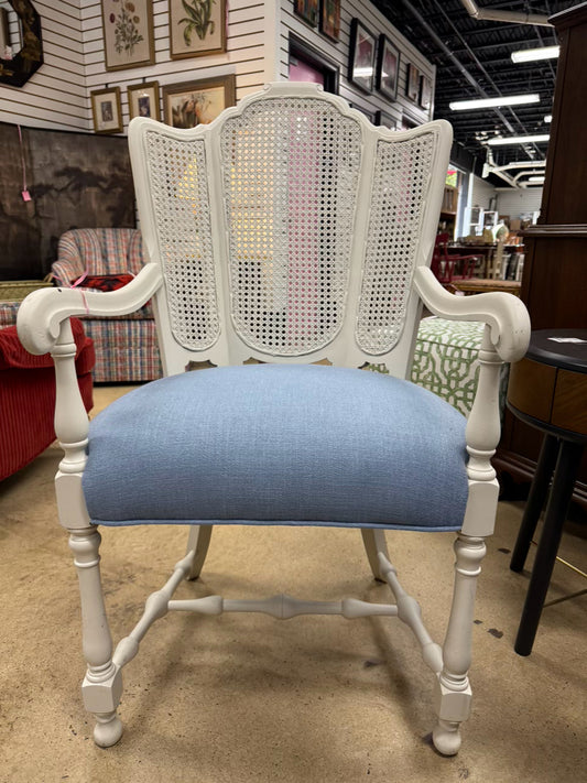 VINTAGE White Wood Blue Upholstered Cane Back Chair