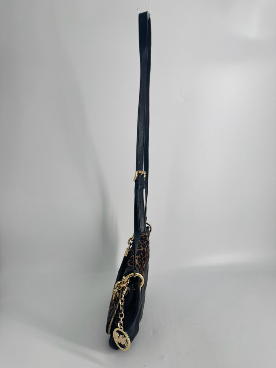 MICHAEL KORS Black Leather & Leopard Print Calf Hair Trim Stanthorpe Satchel