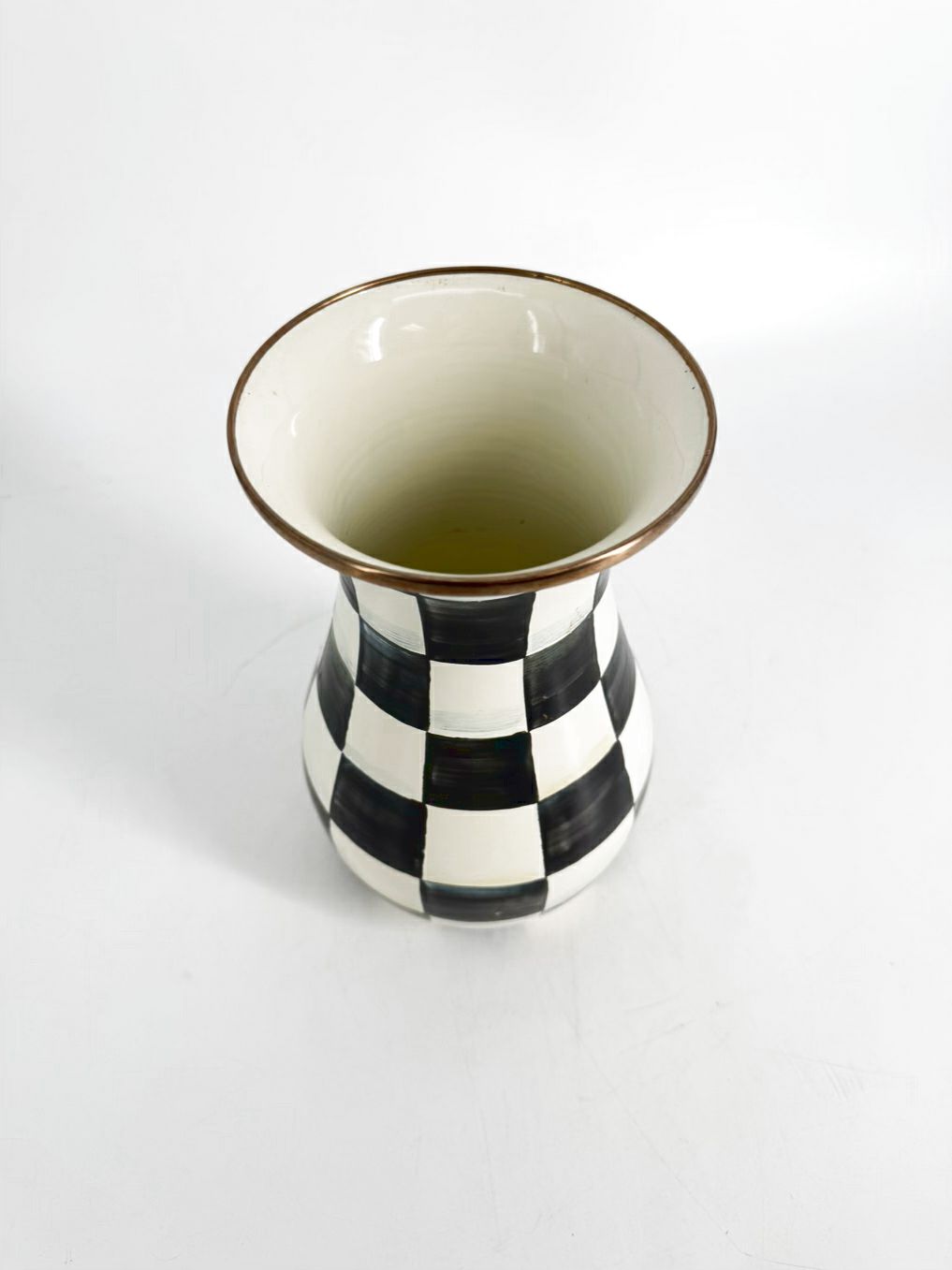 MACKENZIE CHILDS Courtly Check Black & Cream Metal Vase w/ Brass Rim