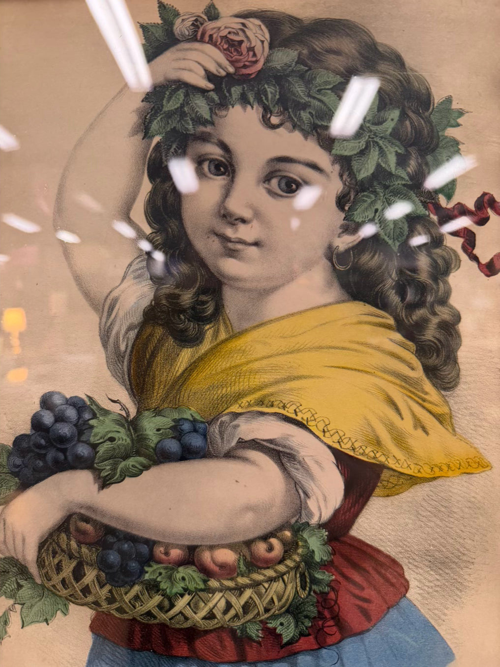 CURRIER & IVES Hand Colored Little Fruit Bearer Lithograph In ANTIQUE Brown Frame