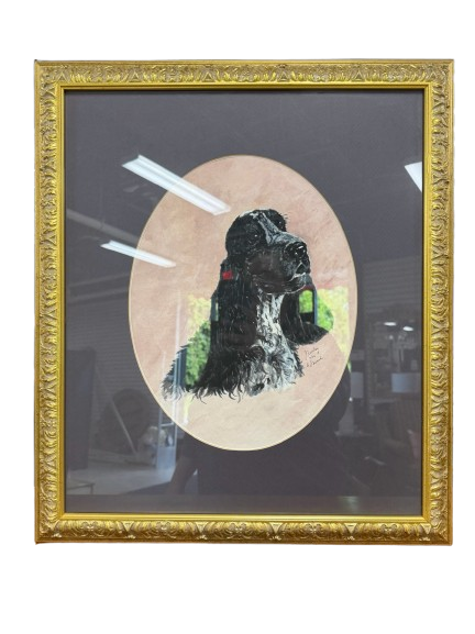 J. FRAILEY Black & White Spaniel Painting In Gold Frame