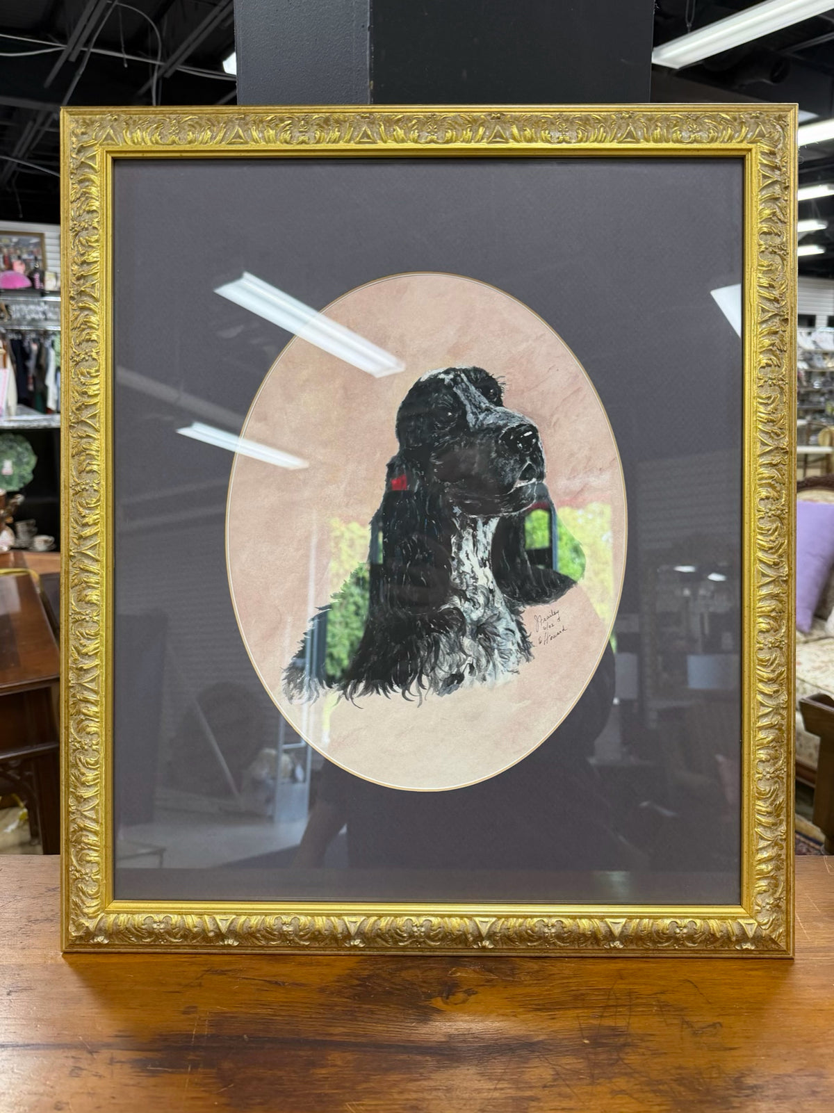 J. FRAILEY Black & White Spaniel Painting In Gold Frame