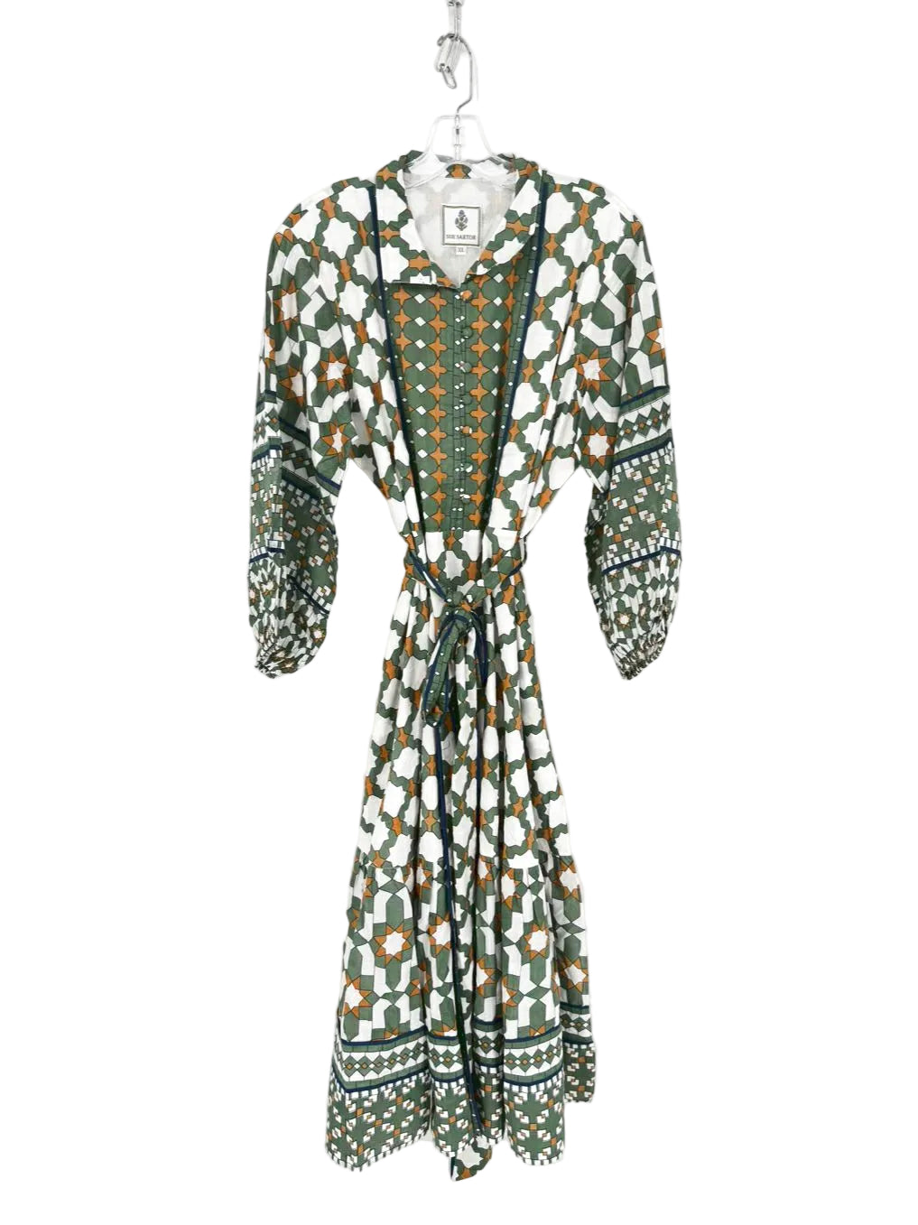 SUE SARTOR Size XL Green & Cream Print Belted Midi-Dress NWT