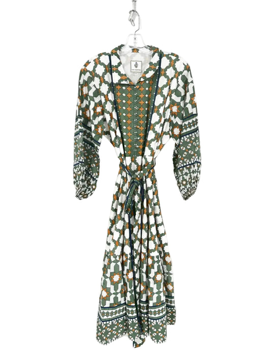 SUE SARTOR Size XL Green & Cream Print Belted Midi-Dress NWT