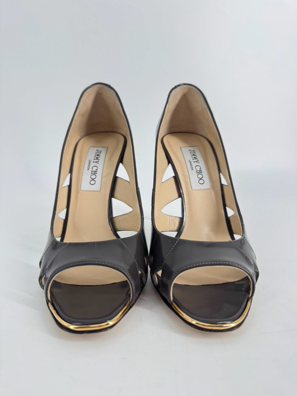 JIMMY CHOO Size 38 Taupe Leather Laser Cut Pumps